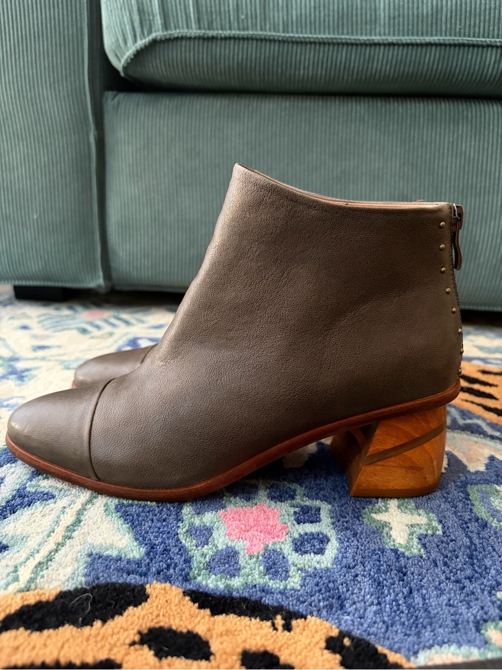 Women's Green/Grey Leather Ankle Boot with Sculpted Wooden Heel